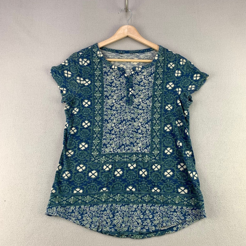 Lucky Brand Henley Top Women M Blue Floral Boho Cotton Modal Short Sleeve